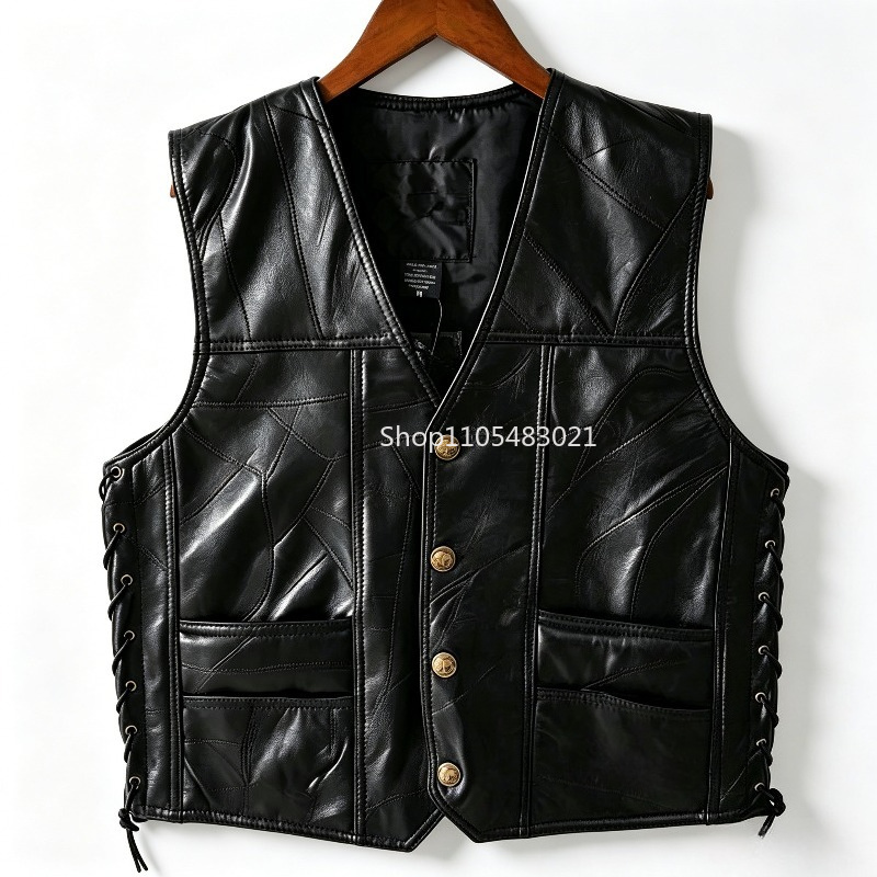 Motorcycle Gear Jacket - Męska czarna skórzana kamizelka motocyklowa z